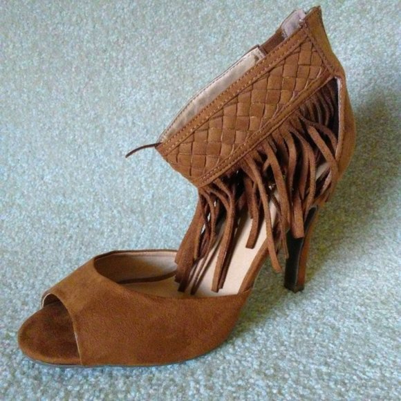 Lane Bryant Shoes - Lane Bryant Cognac Suede Fringe  Ankle Heels